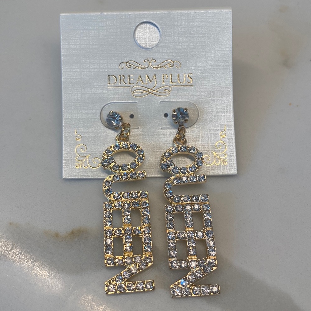 Queen rhinestone earrings dangle gold tone